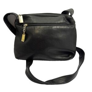 Vtg Tignanello Women's Black Leather Crossbody Shoulder Bag Purse Gold Hardware